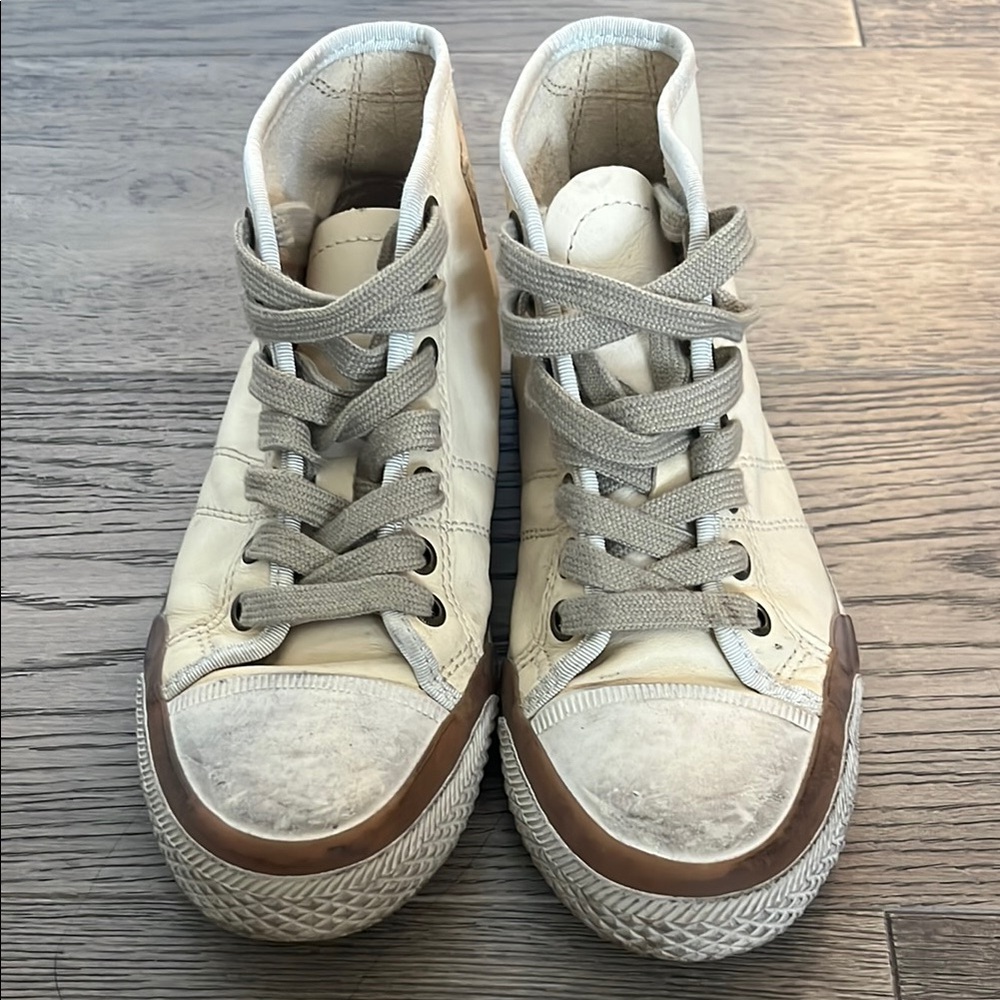 Frye Youth Distressed (converse-like) Leather Sneakers in Cream and Brown